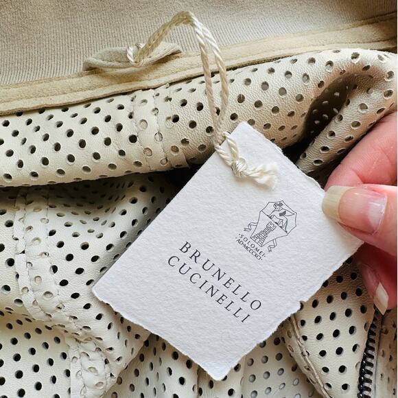 NWT Brunello Cucinelli Tan Cream Laser Cut 100% Leather Bomber Jacket 48 / XL - Picture 7 of 16